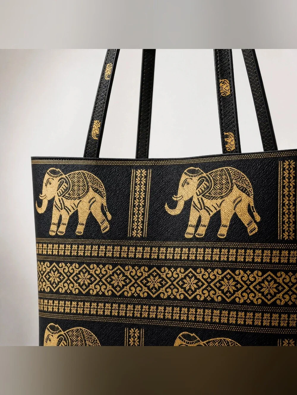 NEW Black & Gold Elephant Print Handbag Tote 12
